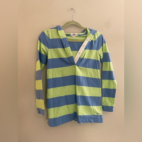 Vineyard Vines Tops - Vineyard Vines Blue and Green Striped Long Sleeve Tee Short with Hood